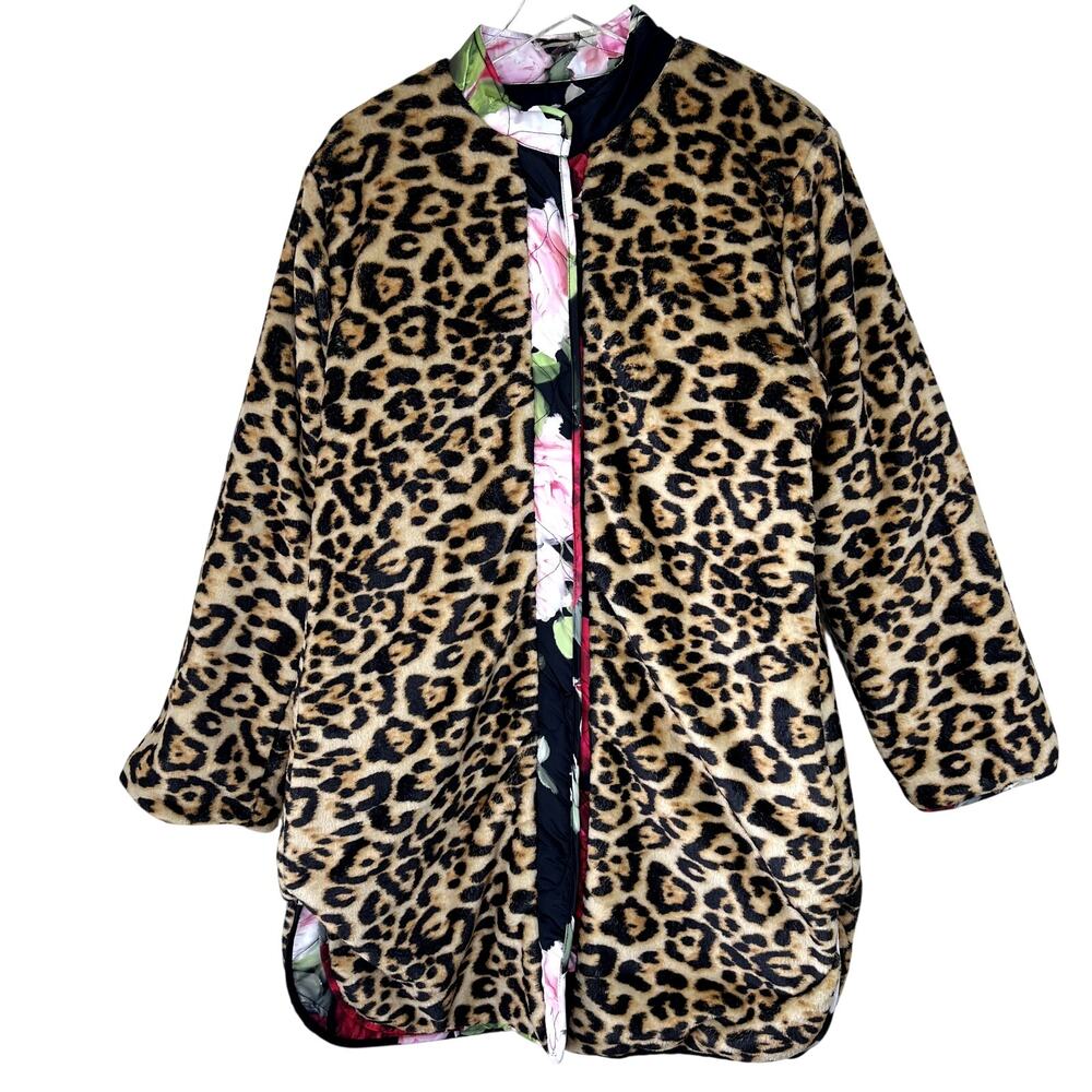 Johnny Was Vivi Puffer Jacket Reversible Floral Rose Print Leopard Faux Fur L - Picture 6 of 10